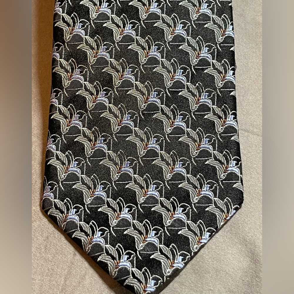 John W. Nordstrom Black Silver Blue Italian Floral Lily Flower Silk Tie